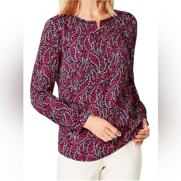 Talbots Dark Floral Popover Blouse Plus 3X Pink Black Office Career Work Top - Picture 1 of 8